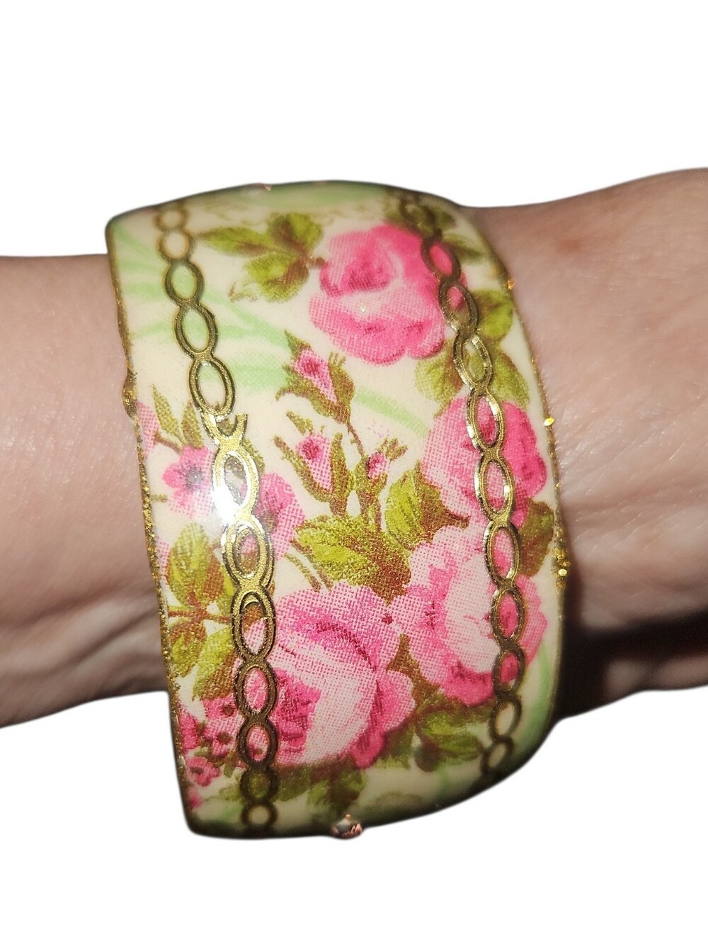 Floral Pink Fabric Cuff Bracelet with Gold Trim